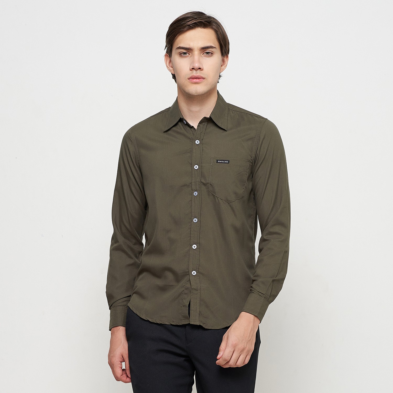 Jual Kemeja Pria Basic Polos Panjang Hijau Army - Emoline